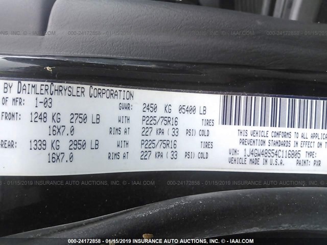 1J4GW48S54C116805 - 2004 JEEP GRAND CHEROKEE LAREDO/COLUMBIA/FREEDOM 黑色 照片 9