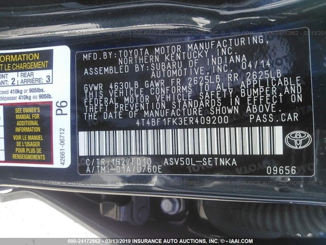 4T4BF1FK3ER409200 - 2014 TOYOTA CAMRY L/SE/LE/XLE 绿色 照片 9