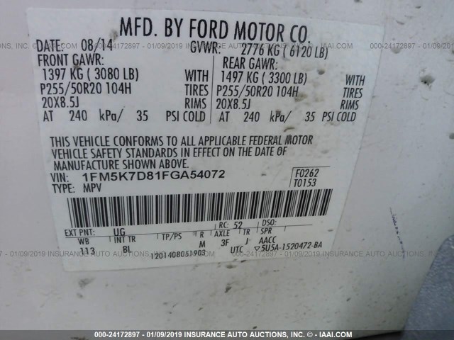 1FM5K7D81FGA54072 - 2015 FORD EXPLORER XLT WHITE photo 9