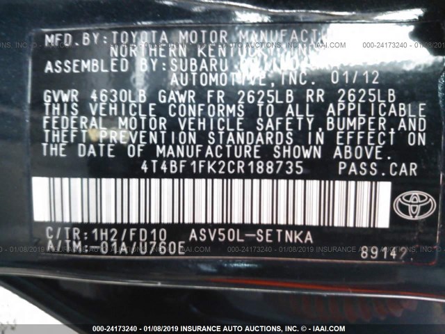 4T4BF1FK2CR188735 - 2012 TOYOTA CAMRY SE/LE/XLE 黑色 照片 9