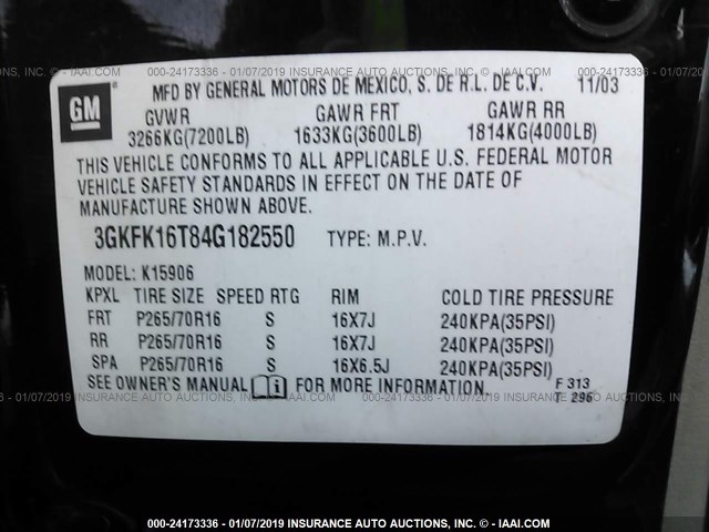 3GKFK16T84G182550 - 2004 GMC YUKON XL K1500 BLACK photo 9