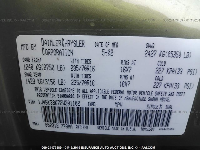 1J4GK38K72W301102 - 2002 JEEP LIBERTY RENEGADE GREEN photo 9