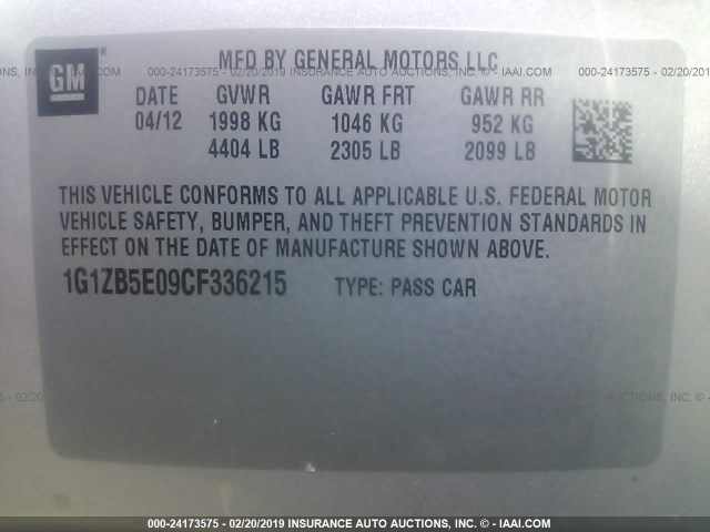 1G1ZB5E09CF336215 - 2012 CHEVROLET MALIBU LS SILVER photo 9