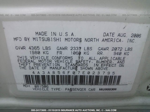 4A3AB56F07E023795 - 2007 MITSUBISHI GALANT ES PREMIUM/LS PREMIUM WHITE photo 9