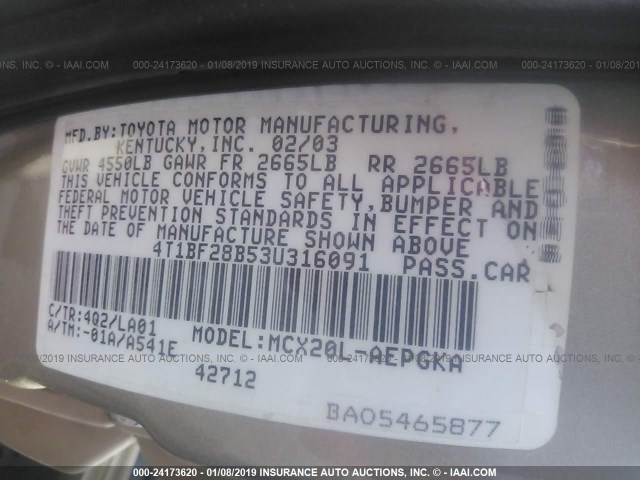 4T1BF28B53U316091 - 2003 TOYOTA AVALON XL/XLS GOLD photo 9