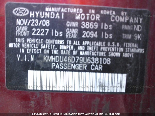 KMHDU46D79U638108 - 2009 HYUNDAI ELANTRA GLS/SE RED photo 9