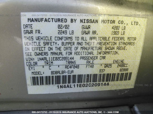 1N4AL11E02C209144 - 2002 NISSAN ALTIMA S/SL GOLD photo 9