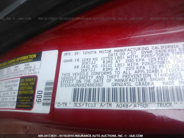 5TEUU42NX8Z486382 - 2008 TOYOTA TACOMA ACCESS CAB წითელი ფოტო 9