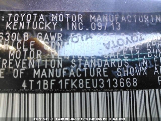 4T1BF1FK8EU313668 - 2014 TOYOTA CAMRY L/SE/LE/XLE GRAY photo 9