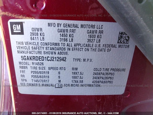 5GAKRDED1CJ212942 - 2012 BUICK ENCLAVE MAROON photo 9