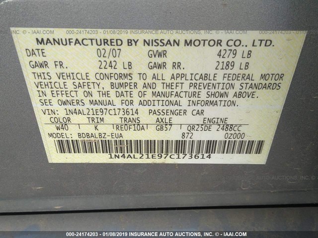 1N4AL21E97C173614 - 2007 NISSAN ALTIMA 2.5/2.5S GRAY photo 9