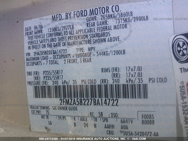 2FMZA58227BA14722 - 2007 FORD FREESTAR LIMITED SILVER photo 9