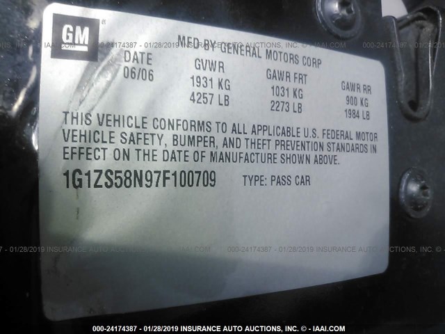 1G1ZS58N97F100709 - 2007 CHEVROLET MALIBU LS Noir photo 9