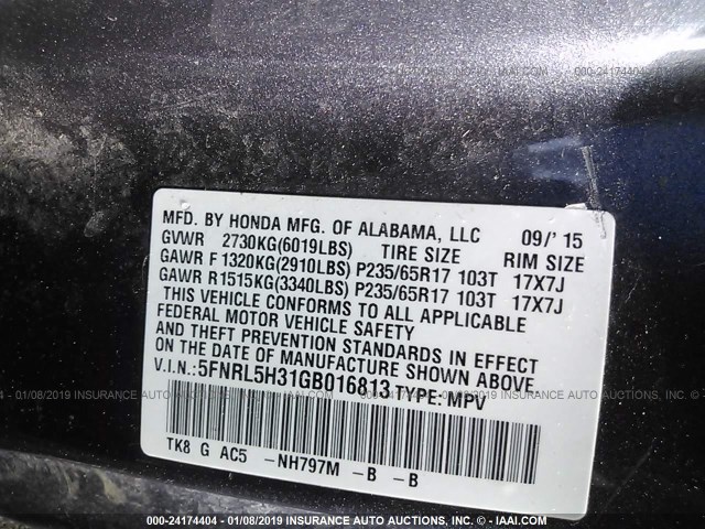 5FNRL5H31GB016813 - 2016 HONDA ODYSSEY SE GRAY photo 9