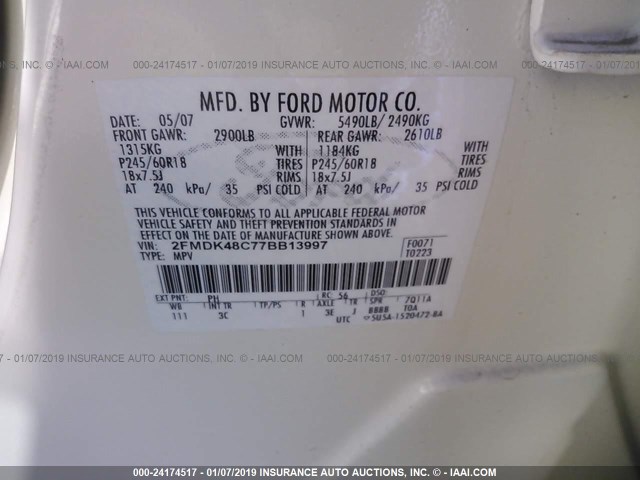 2FMDK48C77BB13997 - 2007 FORD EDGE SEL WHITE photo 9