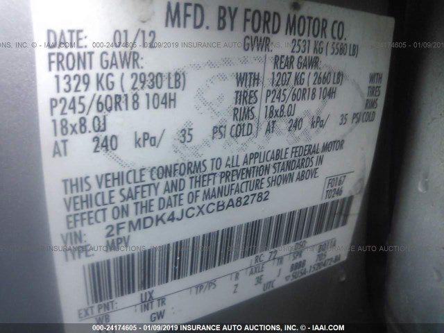 2FMDK4JCXCBA82782 - 2012 FORD EDGE SEL SILVER photo 9