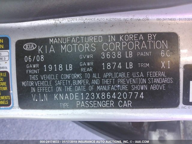 KNADE123X86420774 - 2008 KIA RIO LX/SX SILVER photo 9