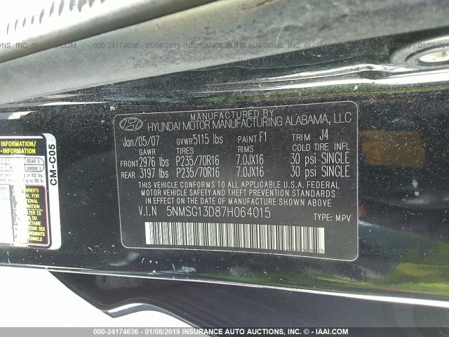 5NMSG13D87H064015 - 2007 HYUNDAI SANTA FE GLS BLACK photo 9