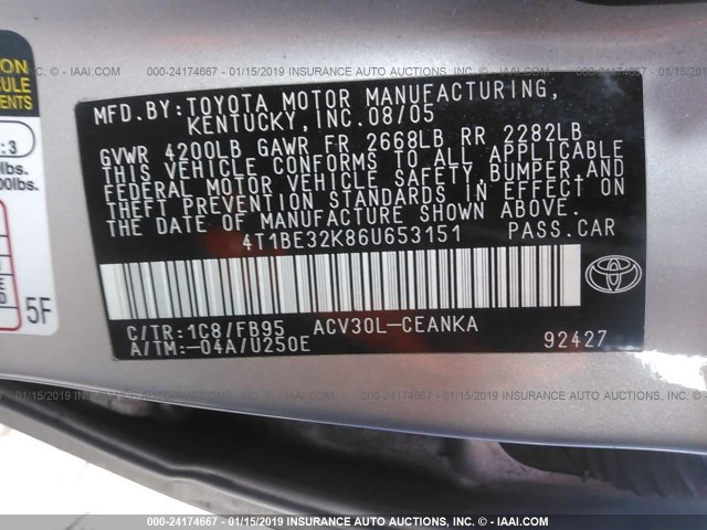 4T1BE32K86U653151 - 2006 TOYOTA CAMRY LE/XLE/SE SILVER photo 9