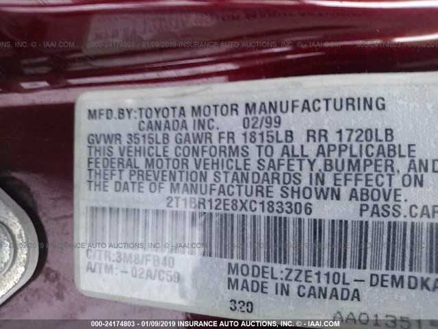 2T1BR12E8XC183306 - 1999 TOYOTA COROLLA VE/CE/LE 栗色 照片 9