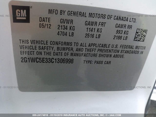 2G1WC5E33C1306998 - 2012 CHEVROLET IMPALA LTZ WHITE photo 9