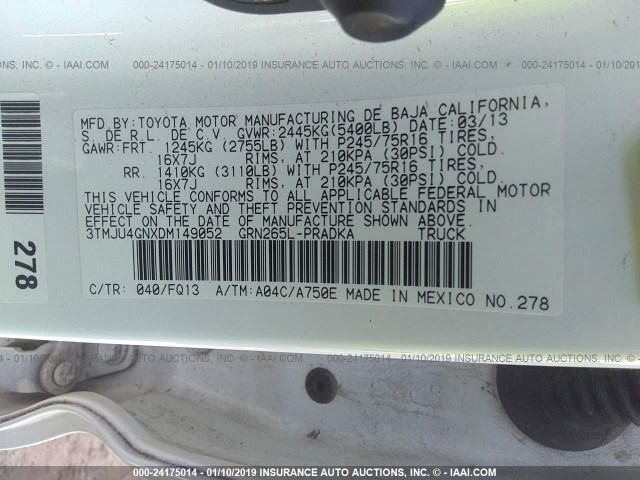 3TMJU4GNXDM149052 - 2013 TOYOTA TACOMA DOUBLE CAB PRERUNNER WHITE photo 9