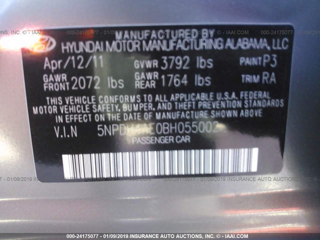 5NPDH4AE0BH055002 - 2011 HYUNDAI ELANTRA GLS/LIMITED GRAY photo 9