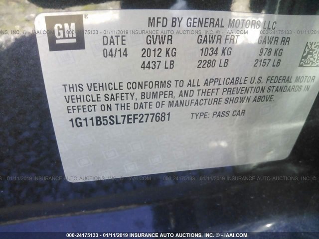 1G11B5SL7EF277681 - 2014 CHEVROLET MALIBU LS GRAY photo 9