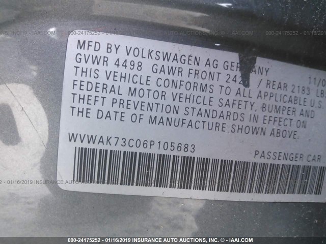 WVWAK73C06P105683 - 2006 VOLKSWAGEN PASSAT 2.0T/2.0T VALUE GRAY photo 9