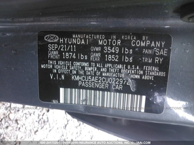 KMHCU5AE2CU022972 - 2012 HYUNDAI ACCENT GLS/GS/SE GRAY photo 9