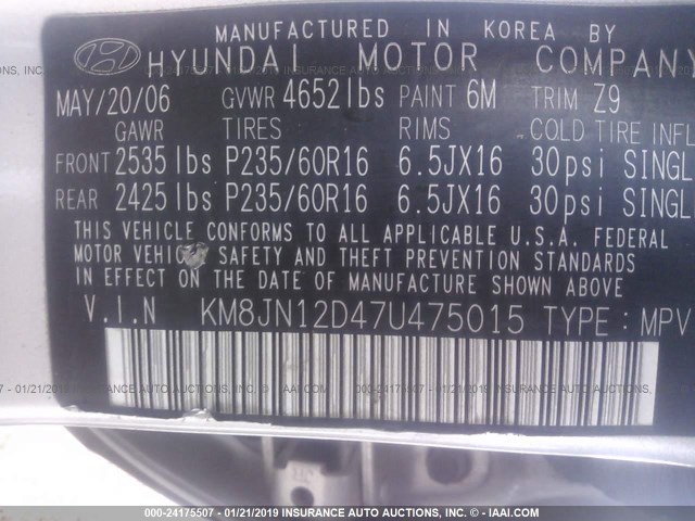 KM8JN12D47U475015 - 2007 HYUNDAI TUCSON SE/LIMITED SILVER photo 9