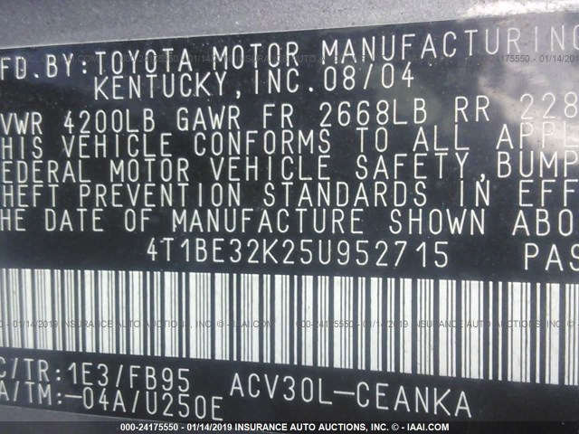 4T1BE32K25U952715 - 2005 TOYOTA CAMRY LE/XLE/SE GRAY photo 9