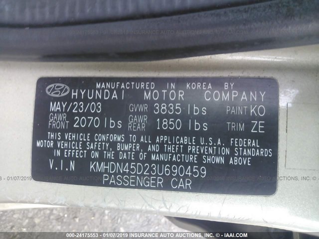 KMHDN45D23U690459 - 2003 HYUNDAI ELANTRA GLS/GT GOLD photo 9