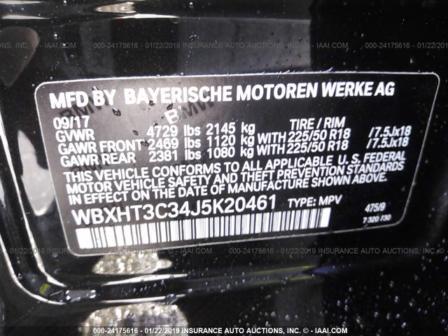 WBXHT3C34J5K20461 - 2018 BMW X1 XDRIVE28I BLACK photo 9