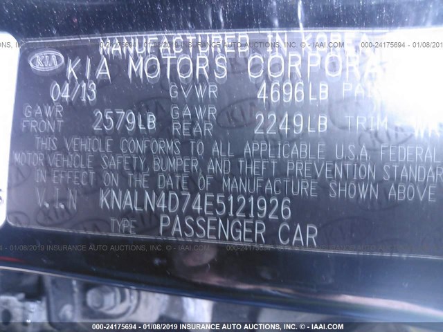 KNALN4D74E5121926 - 2014 KIA CADENZA PREMIUM/LIMITED BLACK photo 9