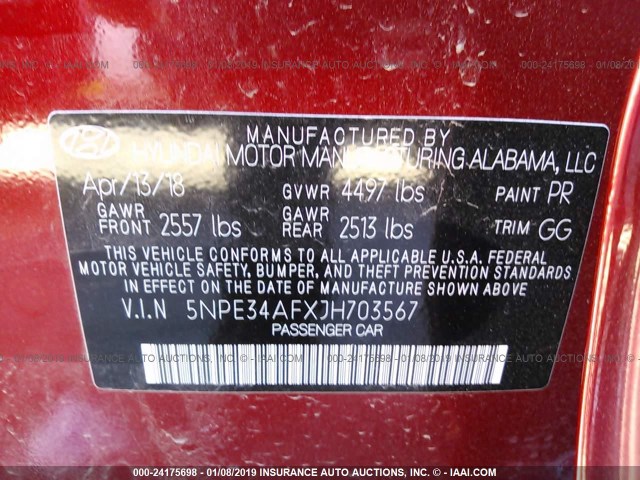 5NPE34AFXJH703567 - 2018 HYUNDAI SONATA SPORT/LIMITED RED photo 9