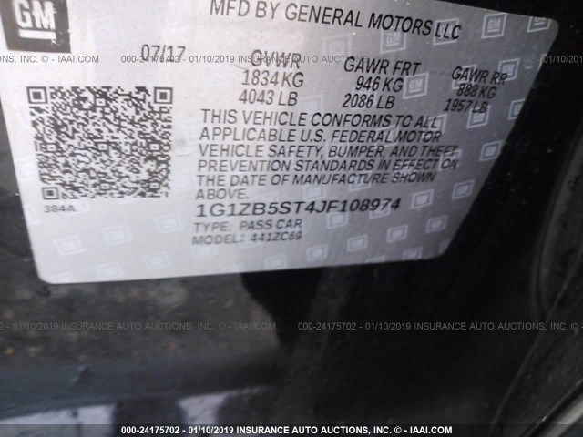 1G1ZB5ST4JF108974 - 2018 CHEVROLET MALIBU LS BLACK photo 9