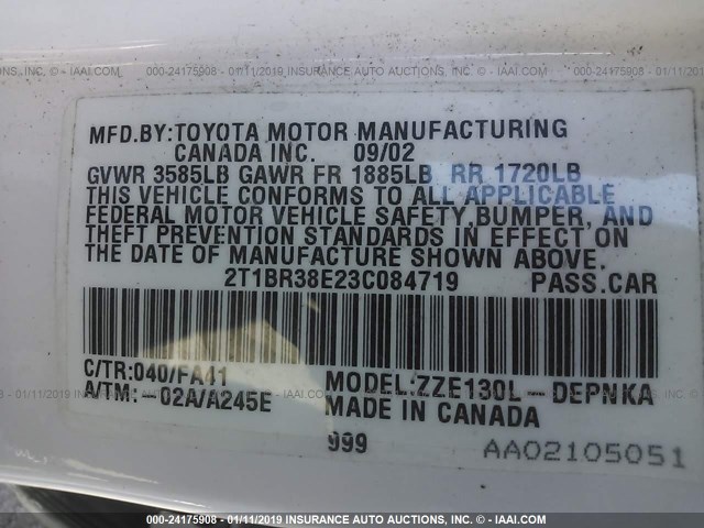 2T1BR38E23C084719 - 2003 TOYOTA COROLLA CE/LE/S WHITE photo 9