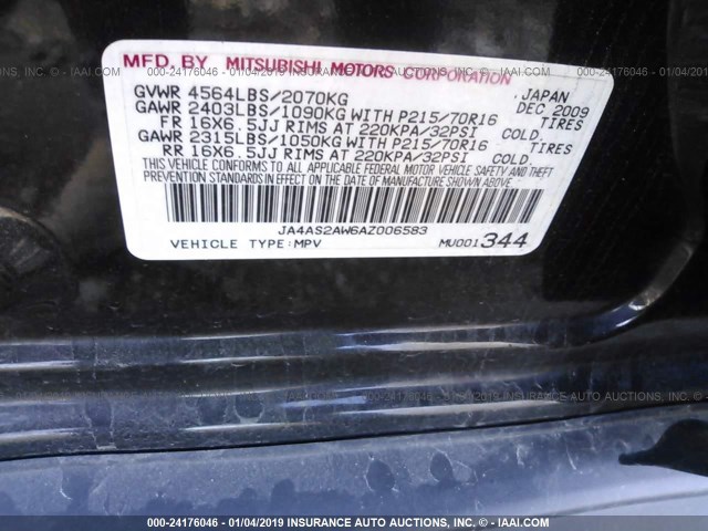 JA4AS2AW6AZ006583 - 2010 MITSUBISHI OUTLANDER ES BLACK photo 9