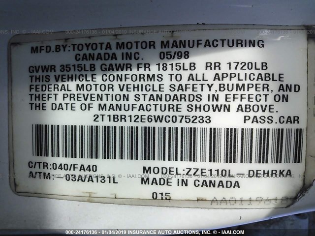 2T1BR12E6WC075233 - 1998 TOYOTA COROLLA VE/CE/LE WHITE photo 9