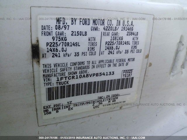 1FTCR10A8VPB54133 - 1997 FORD RANGER WHITE photo 9