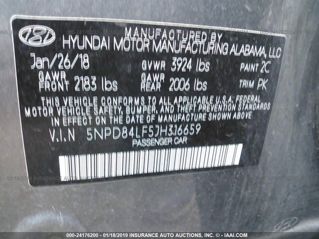 5NPD84LF5JH316659 - 2018 HYUNDAI ELANTRA SEL/VALUE/LIMITED GRAY photo 9