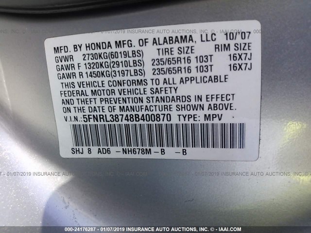 5FNRL38748B400870 - 2008 HONDA ODYSSEY EXL SILVER photo 9