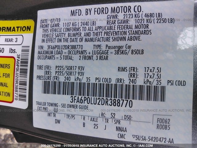 3FA6P0LU2DR388770 - 2013 FORD 4 DOOR SEDAN SE HYBRID GRAY photo 9