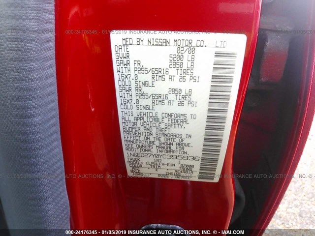 1N6ED27Y0YC395936 - 2000 NISSAN FRONTIER CREW CAB XE/CREW CAB SE RED photo 9