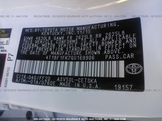 4T1BF1FK7GU169906 - 2016 TOYOTA CAMRY LE/XLE/SE/XSE WHITE photo 9