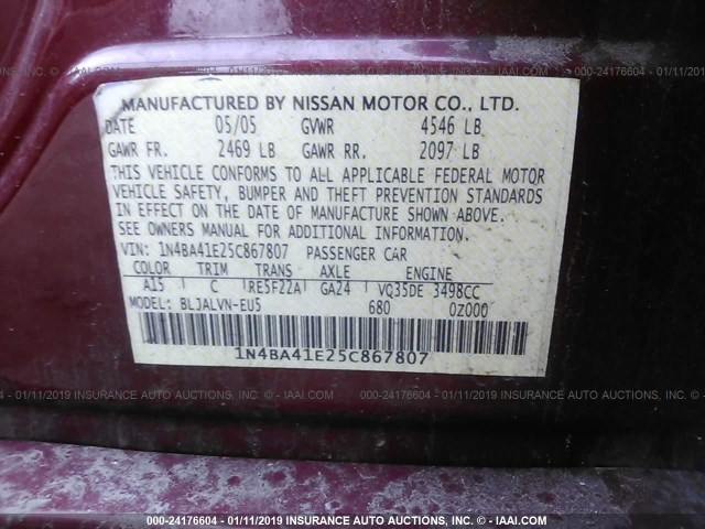 1N4BA41E25C867807 - 2005 NISSAN MAXIMA SE/SL RED photo 9