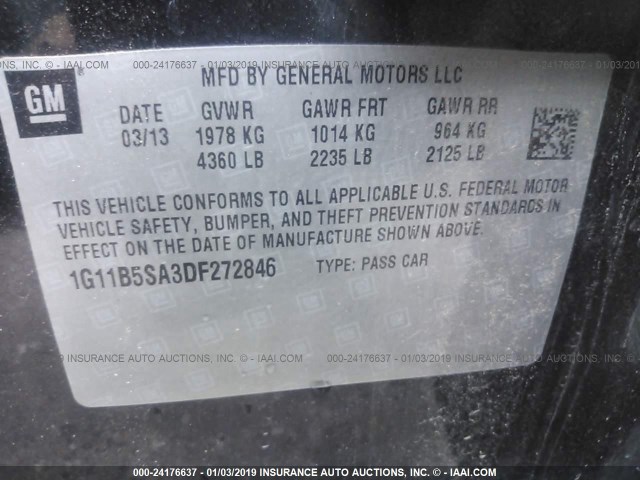 1G11B5SA3DF272846 - 2013 CHEVROLET MALIBU LS 黑色 照片 9