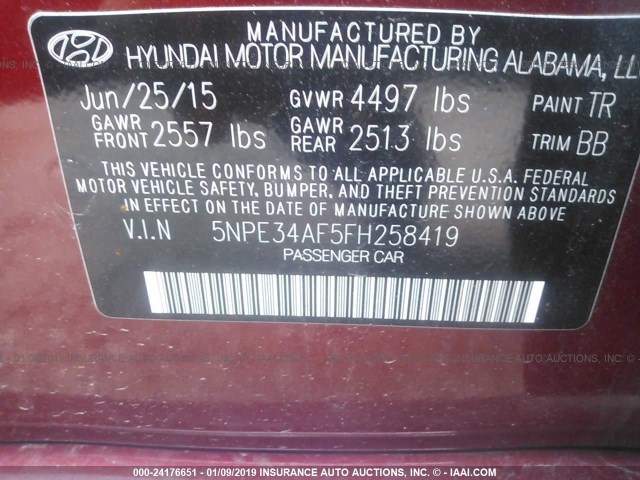 5NPE34AF5FH258419 - 2015 HYUNDAI SONATA SPORT/LIMITED BURGUNDY photo 9