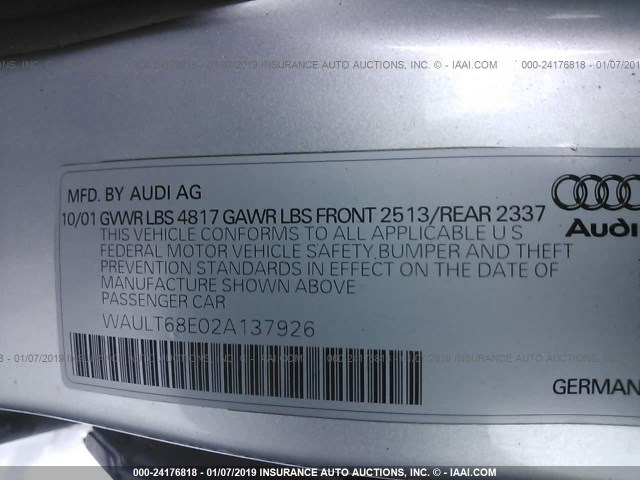 WAULT68E02A137926 - 2002 AUDI A4 3.0 QUATTRO SILVER photo 9